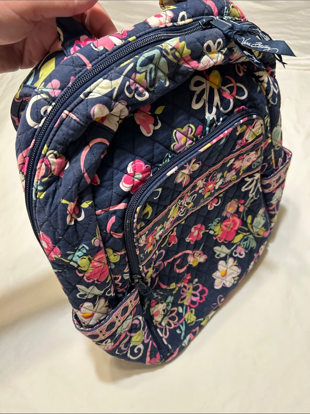 Vera Bradley Navy Floral Quilted Daypack with Pink and Green Accents